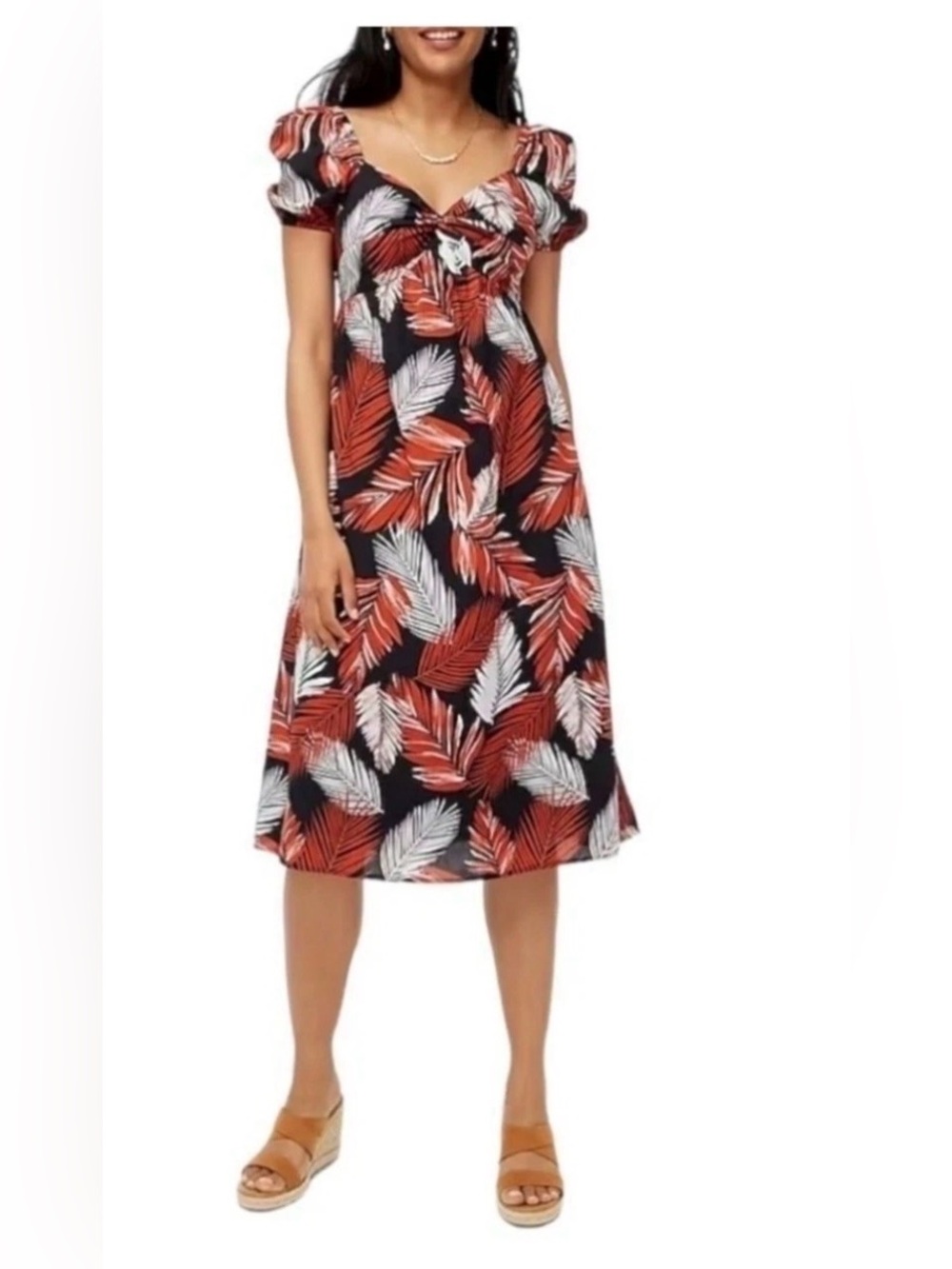 J. Crew Puff-Sleeve Twist-Front Midi Dress in Tropical Palm Print